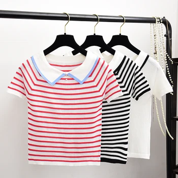

Women's Knitted Short Sleeve Beading Striped T-shirts Tops Girls Knitting Stretchy Tees T Shirt For Women