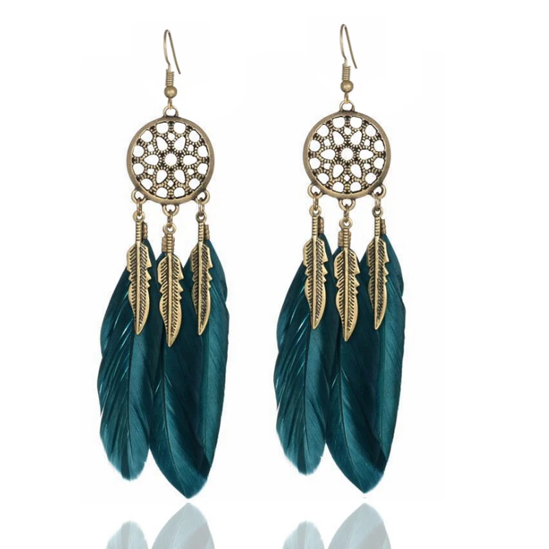 1Pair Women And Girl Feather Drop Earring Leaf Hollow out Vintage Bohemia Boho Feather Tassel Dreamcatcher