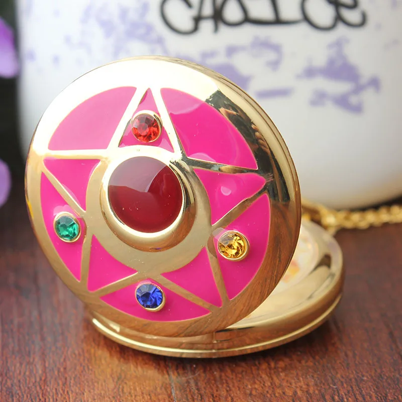 Wholesale-35X35MM-Colorful-Moon-Pocket-Watch-Necklace-Vintage-Bronze-Pendant-Women-Fob-Watch-with-Necklace-Chain