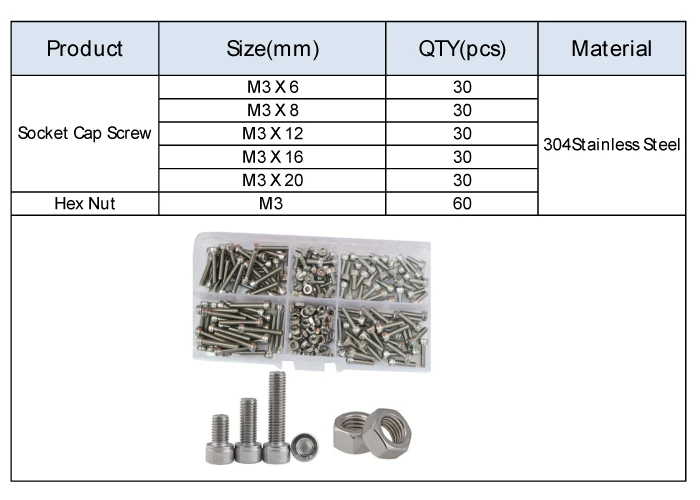Шестигранная головка, винт, гайка, Метрическая машина, шестигранник Аллен, болт, гайка, ассортимент, набор, коробка, 304, нержавеющая сталь, M3