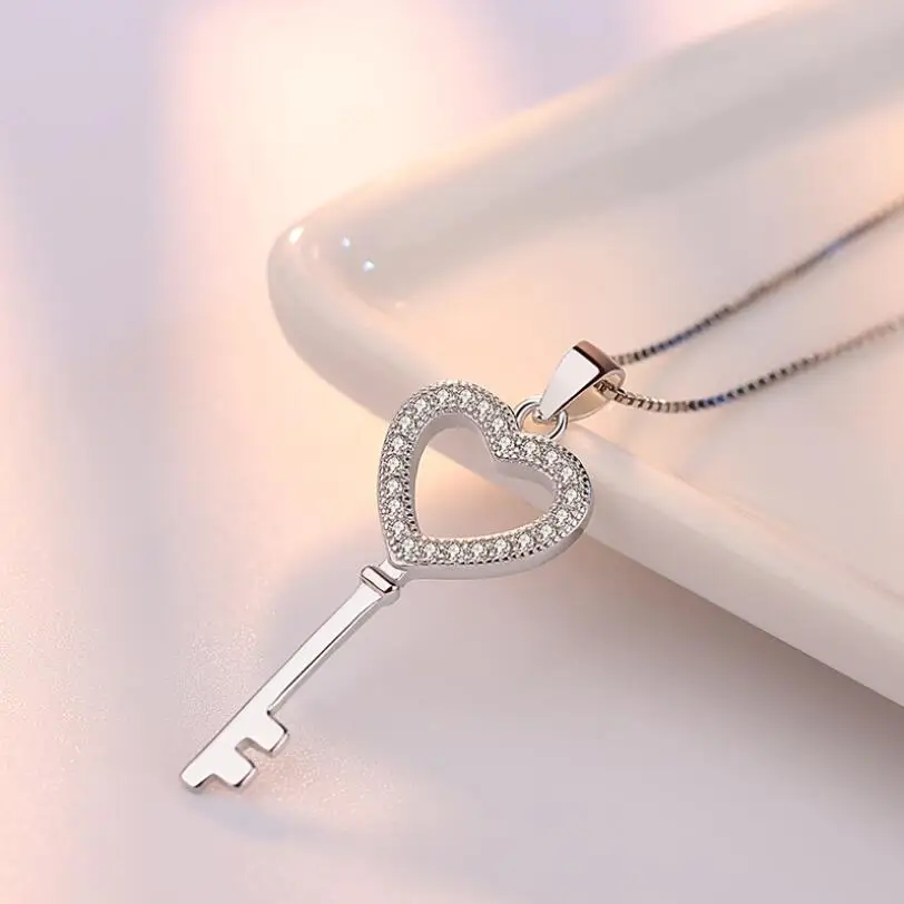 Фианит, циркон, кристалл сердце ожерелье с подвеской в виде ключа для женщин чокер 925 пробы серебряные ювелирные изделия 45 см цепи collares SAN82