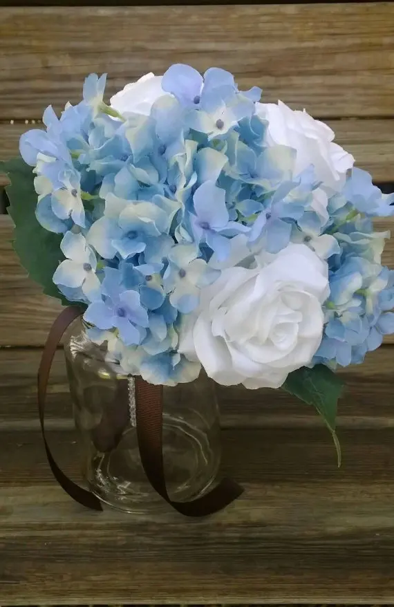 Синий Гортензия Букет невесты с белыми розами и Первоначальный Шарм шелковые свадебные цветы для свадьбу Капри синий букет