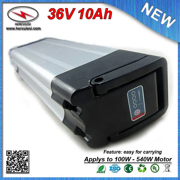 Rechargeable silver fish Aluminum cased 36V E Bike Battery 10Ah built