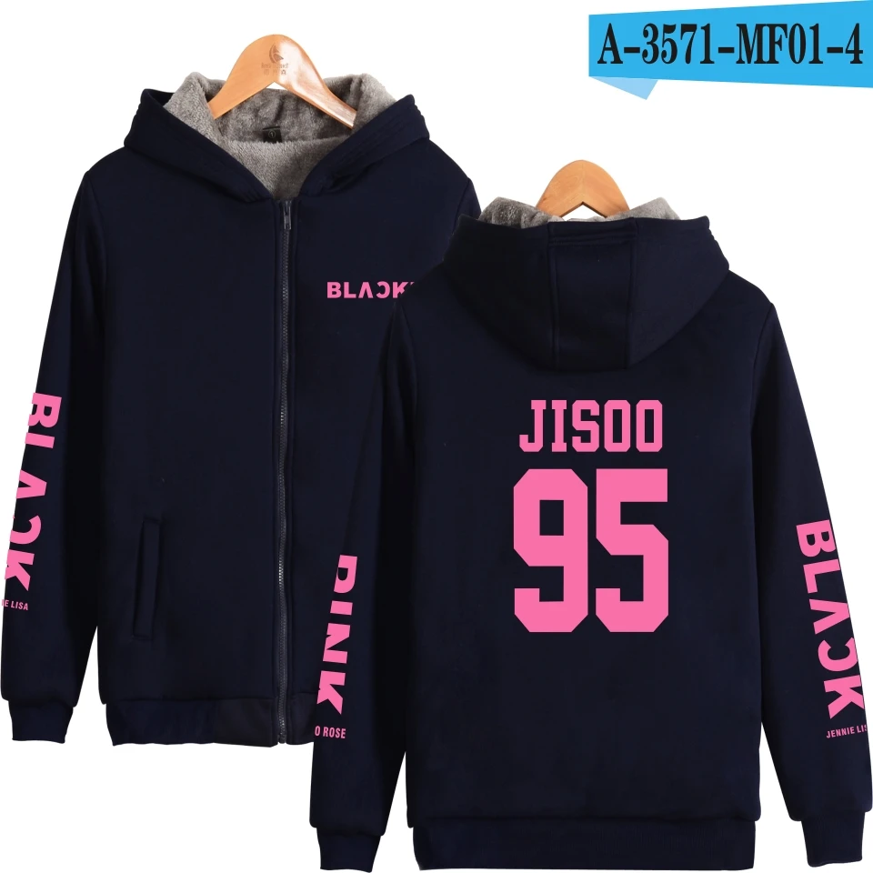 BLACKPINK JISOO JENNIE ROSE LISA утепленная толстовка на молнии Женская модная Толстовка в стиле поп BLACKPINK зимняя теплая молния XXS до 4XL - Цвет: Navy Blue