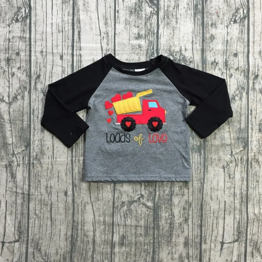 

Boys spring Valentine's Day baby boy's loads of love truck heart top raglans boys grey V-day tee with black long sleeve raglans