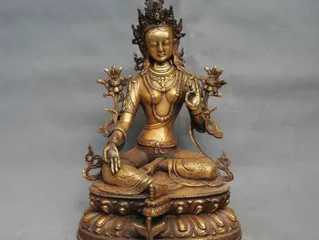 

14" China Tibet Temple Bronze Gild Green Tara Guanyin Bodhisattva Statue