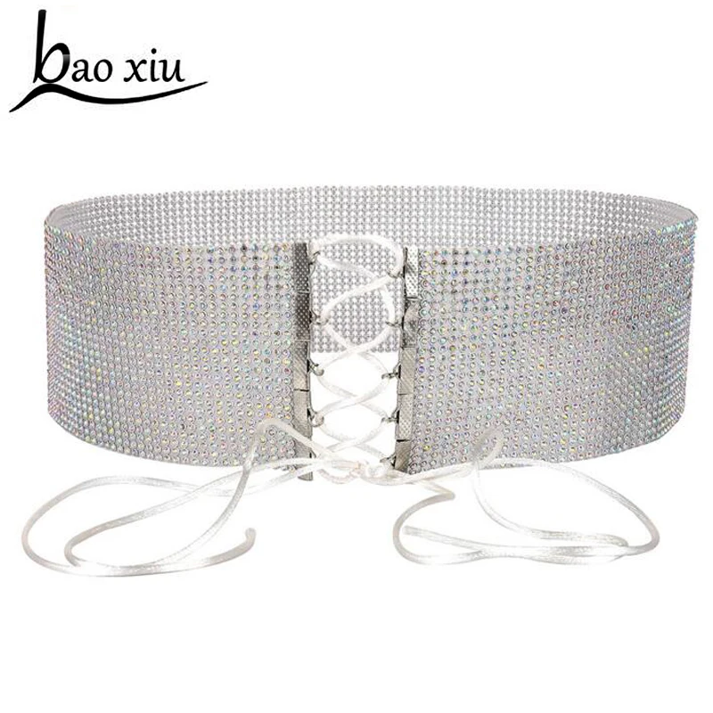 

2018 Fashion Glitter Color Crystal Stretch Wide Belts Rhinestones Hot Women Cummerbund Dress Waistband Waist Chain Female