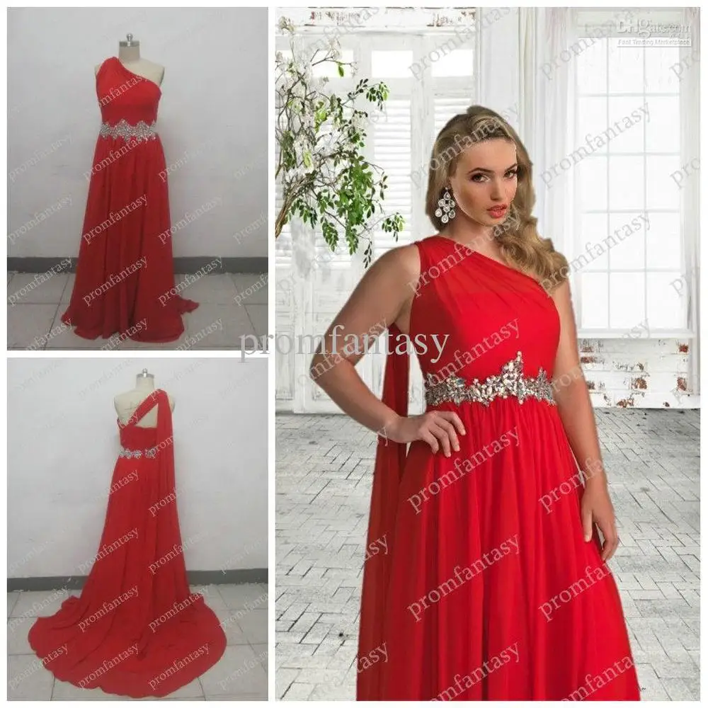 One Shoulder Hot Red Sexy Long Mother of The Bride Dresses Shiny Beads Waist Flowy Train 2013