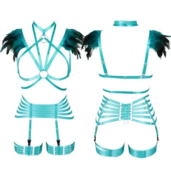 

Women Body Harness Full Bra Set Stockings Suspender Fashion Lingerie Punk Harajuku Breast Belts Plus Size Dance Clothing Rave