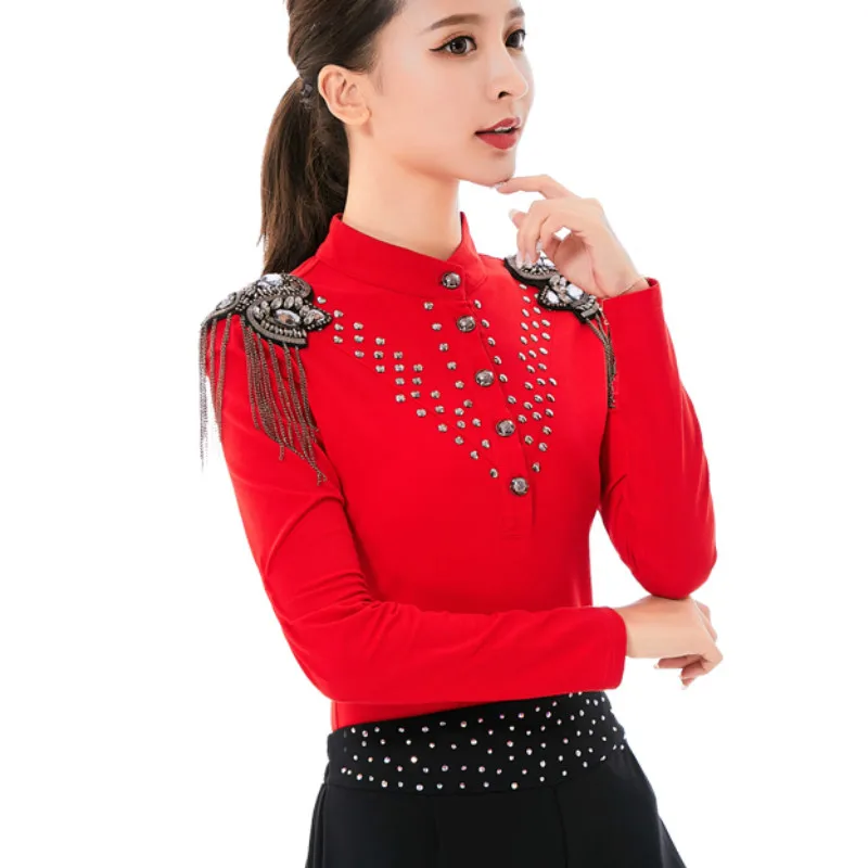 

2019 plus size Bead Work tassels long sleeve T-shirts Women dance show Women V Neck Bead Work Black T-shirts gemstones Tops