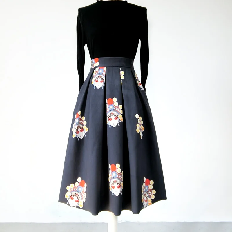 

Women Winter Skirt Office Lady Elegant Vintage Printing A-line Middle Long Black Skirt XHSD-3287