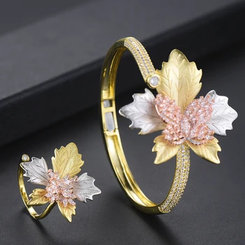 

missvikki Trendy Handmade Maple Leaf Openning Adjustable Bangle Ring Luxury Noble Gold Bridal Wedding Anniversary Jewelry
