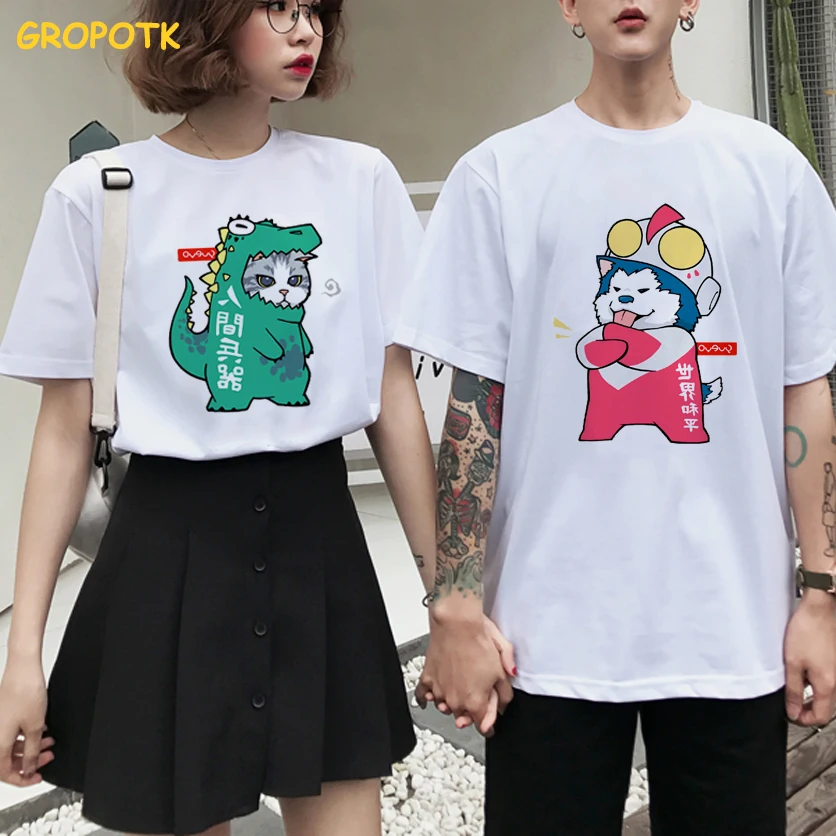 

Cosply Cat and Dog Prints Couple Clothes Summer 2019 Cotton Female T-shirt Kawaii Harajuku Tops Paired T-shirts for Men Women