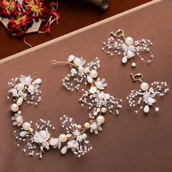 

FORSEVEN Gold Simulated Pearls Flower Tiaras Earrings Set Crystal Rhinestone Bridal Jewelry Sets Wedding Hair Accessories JL