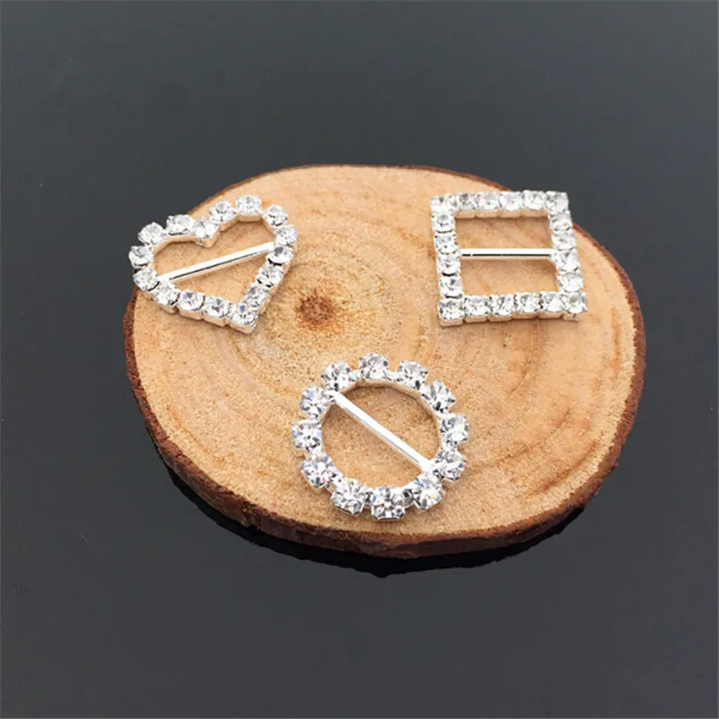 

10Pcs/pack Round Square Heart Shape Crystal Rhinestone Buckle Invitation Wedding Ribbon Slider For Wedding Silver Accessories