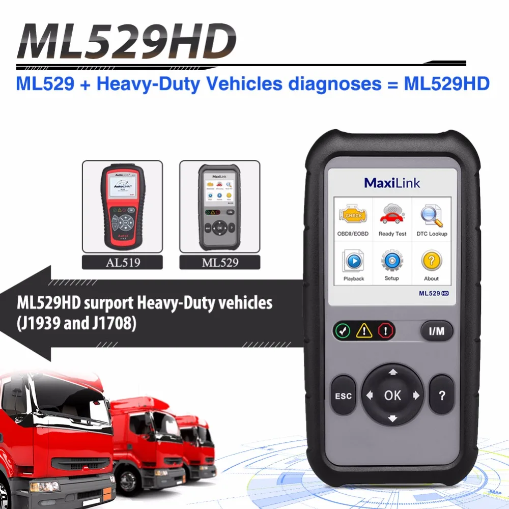 AUTEL ML529HD OBD2 Scanner with Enhanced Mode 6 One-Key Ready Test for Heavy-Duty Code Reader Automotive Car Diagnostic tools