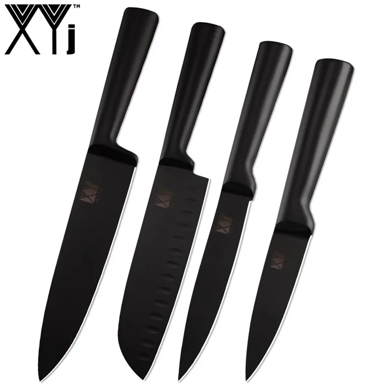 XYj набор кухонных ножей из нержавеющей стали, 6 шт., интегрированный дизайн, черная ручка, нож для нарезки хлеба, Santoku, нож для очистки овощей - Цвет: C.4pcs set