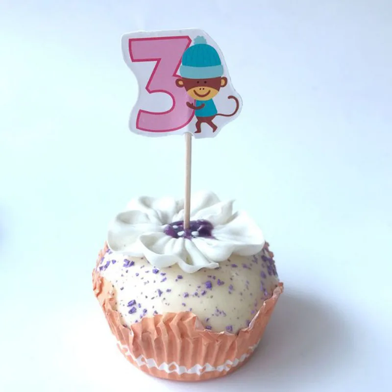 

24 Pcs/lot Lovely Number 3 Monkey Pink Digital Cupcake Toppers Cake Decoration Children Three Years Old Birthday Party Supplies