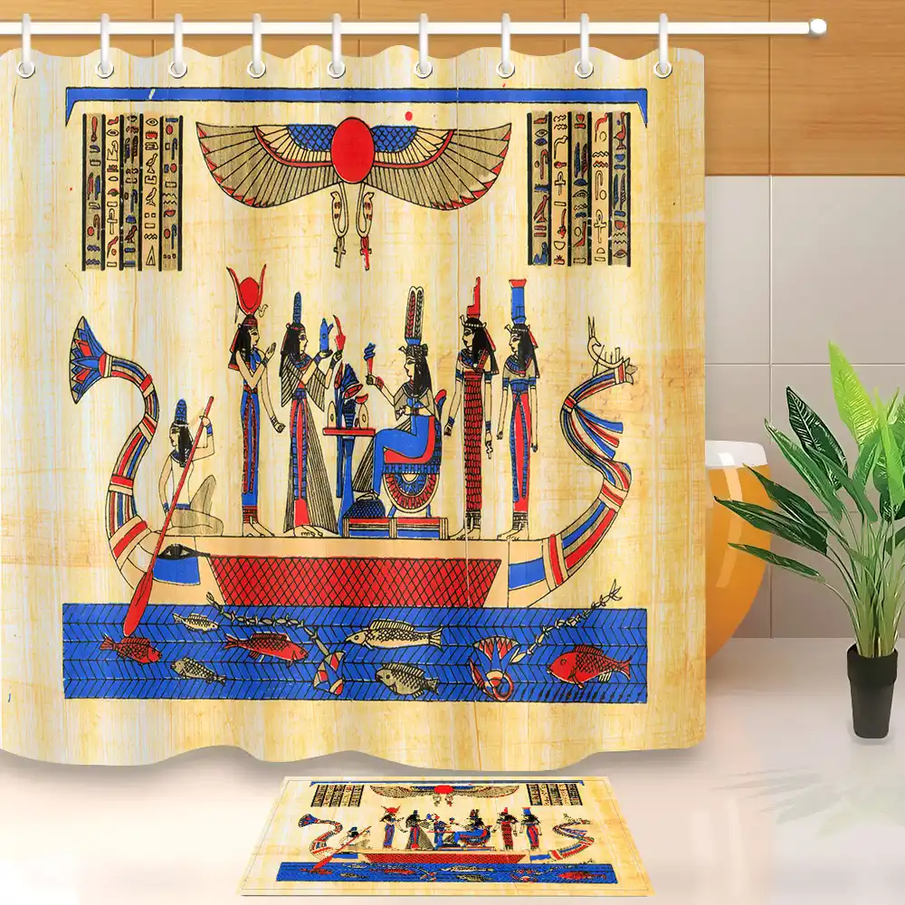 LB 72''Egyptian Hieroglyphs in Temple Shower Curtain With Mat Set