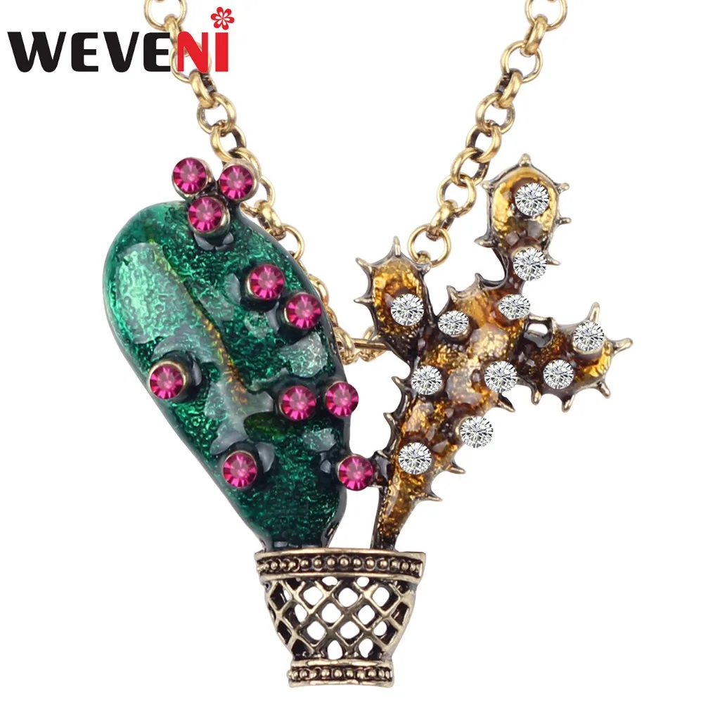 WEVENI Enamel Alloy Rhinestone Novelty Cacti Cereus Necklace Pendant