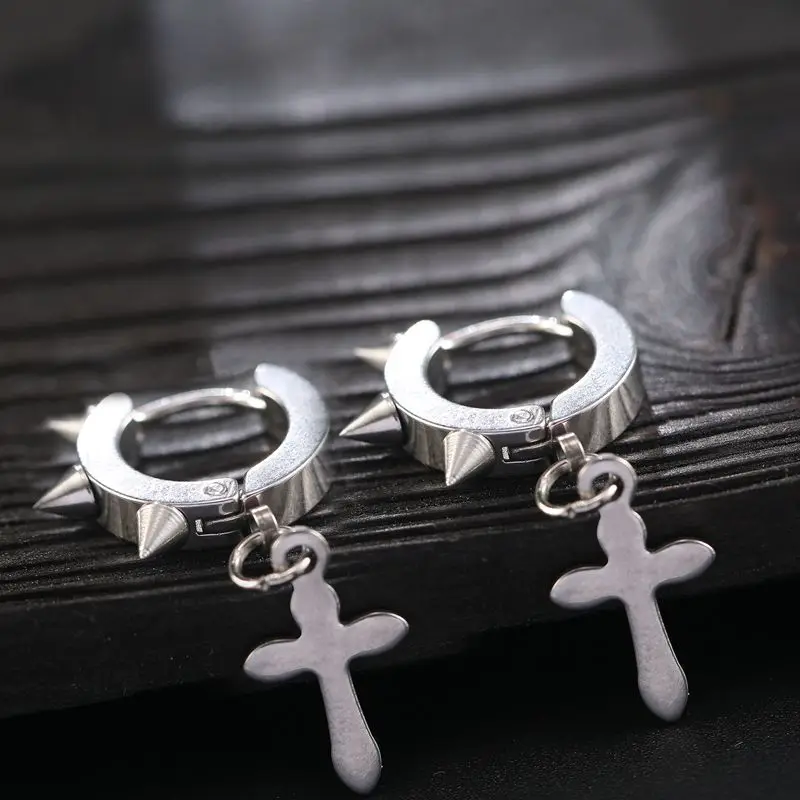 

2018new Brand Punk Design Fashion Round Geometric Stainless Steel Stud Earring cross Rivet Spike Earring for women and men