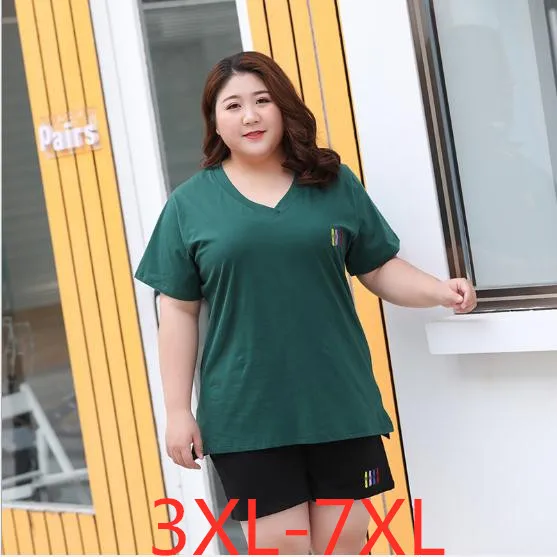 

2019 summer plus size tops for women loose V neck short sleeve top T shirt green wowan large size T-shirts 3XL 4XL 5XL 6XL 7XL