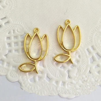 

10pcs/lot Tulip flower Metal Frame DIY Pendant Gold Charm Bezel Setting Cabochon Setting UV Resin Charm
