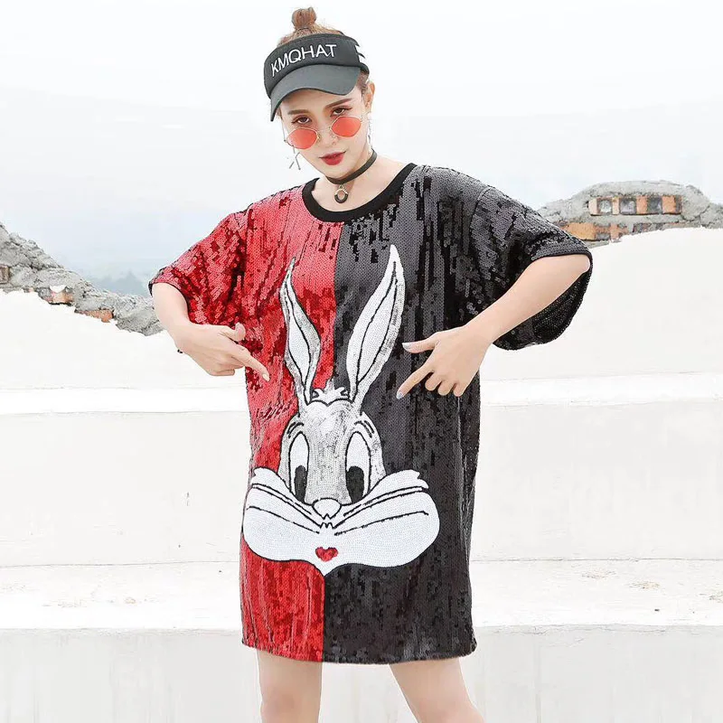 

Summer New Stylish T Shirt Women Short Sleeve Sequins Cartoon Bunny Tshirt Fashion Streetwear Outfits Camiseta Feminina Blusas