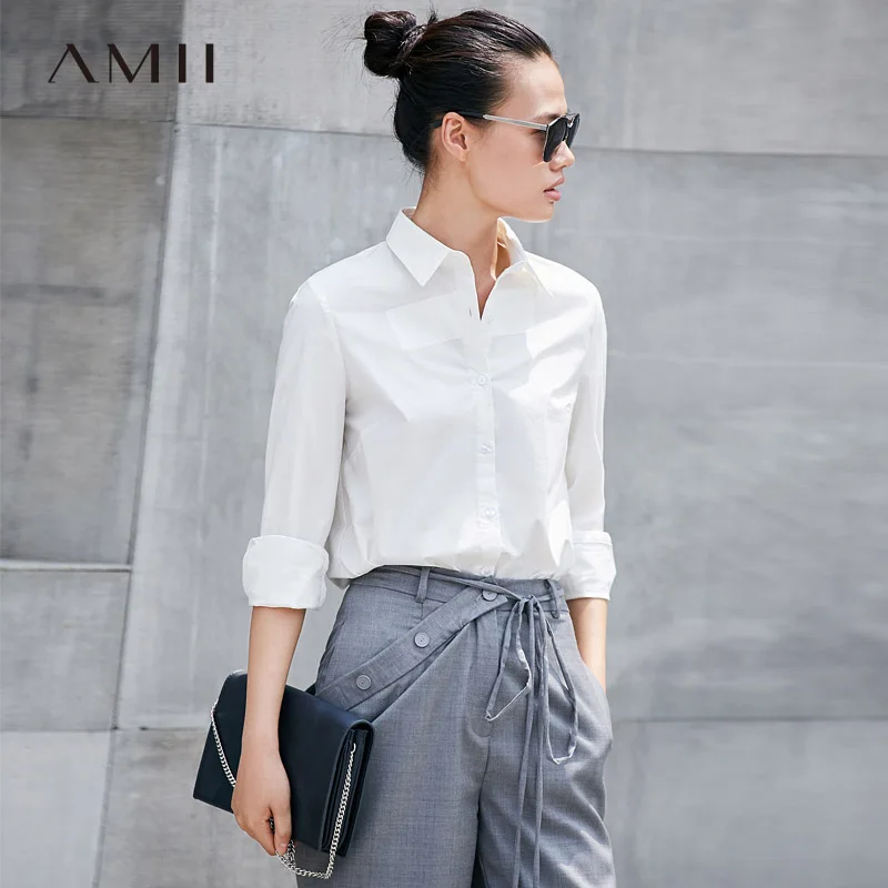

Amii Minimalist Women 2019 Spring Office Lady Blouse Solid Button Geometric Female Blouses Shirts