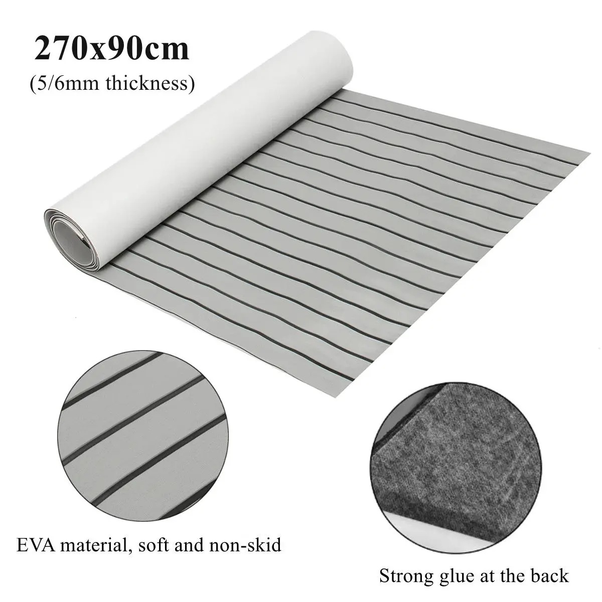 270x90cm EVA Foam Faux Teak Decking Sheet Marine Boat 35" X 95" 6mm Thick Yacht Self-Adhesive Mat Grey with Black seam-line