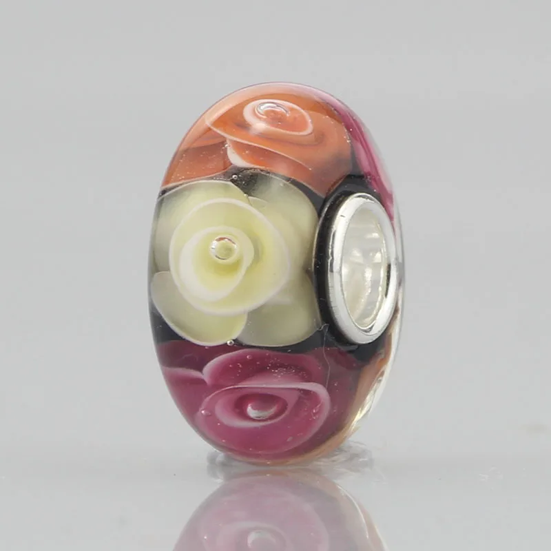 

925 Sterling Silver Large Hole three colors Rose Flower Murano Glass Charm Bead Fit Pandora European Bracelet Jewelry