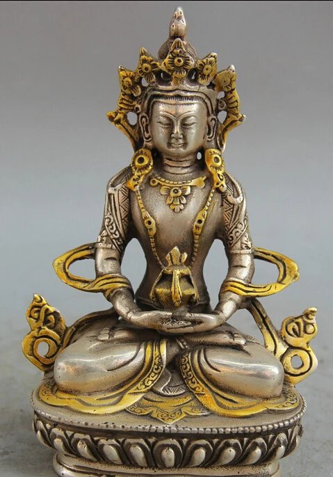 

6" Tibet Buddhism Silver Gild Amitayus longevity God Goddess Statue Sculpture R0710 B0403