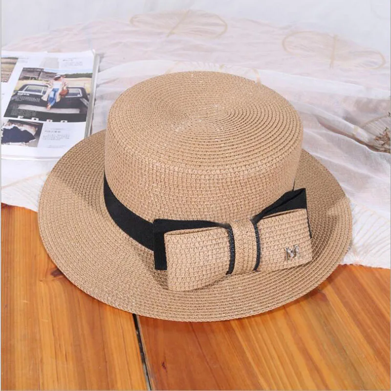 

2019 New Flat Top Big Bow Summer Sun Visor Hats For Women Fashion M letter Straw Hat Elegant Ladies Wide Brim Panama Beach Hat