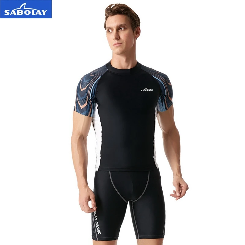 Men Elastic Lycra Quick Dry Swimsuit Surf Sunscreen UV Protection Rash Guard Diving Tight Beach Shirt and Short Separate
