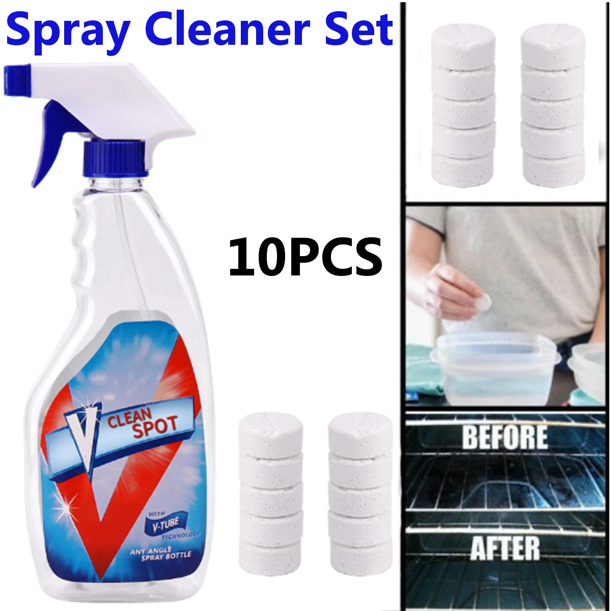 

10Pcs Multifunctional Effervescent Spray Cleaner Tablet Piece+500ML Bottle Kettle Car Windows Washing Tool Home Cleaning Set