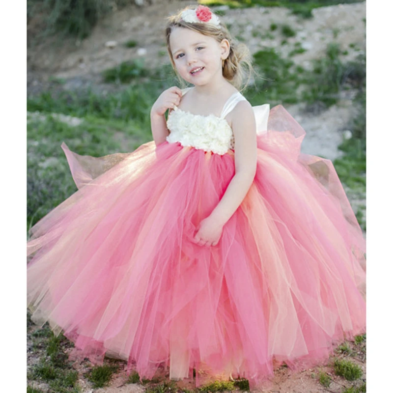 

Coral & Ivory Flower Girl Dress with ivory shabby flowers Young Girls Birthday Party Tutu Dresses girls clothes for Big
