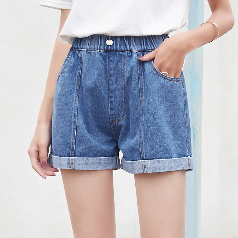 

2019 Summer High Waist Denim Shorts Women Casual Loose Fashion Roll Up Elastic Waist Pocket Blue Jeans Female Plus Size Shorts