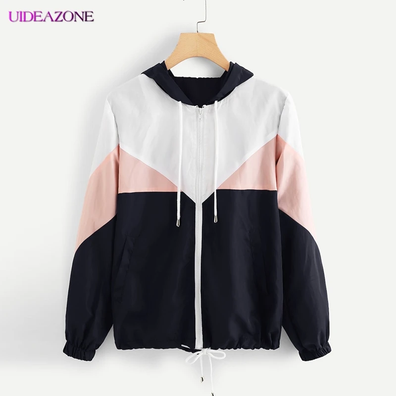 

UIDEAZONE Stitching Contrast Irregular Hooded Large Size Women's Jacket Drawing Big Size Women Autumn Long Sleeve Casual Jacket