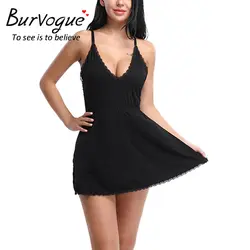 Burvogue для женщин пикантные Babydolls Эротические сорочки Белье нижнее бельё для девочек Глубокий V Модальные Рубашки кружевная бейка ночные