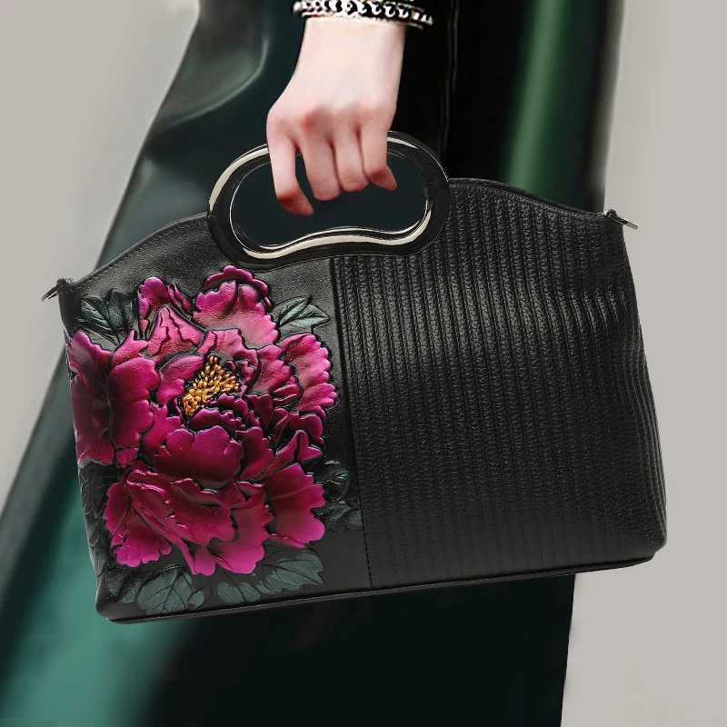 

Nation Style Lady Noble Handbag Genuine Leather Top Leather Flower Pattern Fashion Top-handle Bag Banquet Crossbody Shoulder Bag