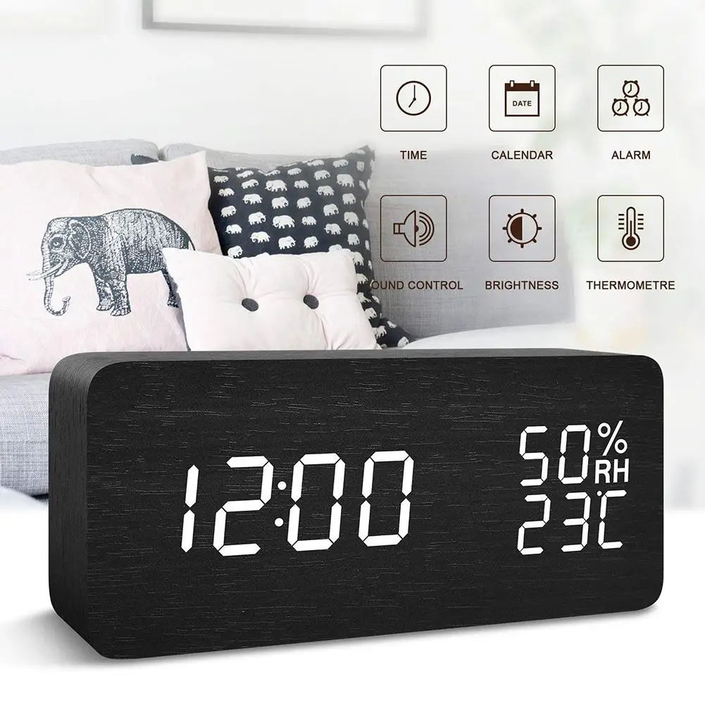 

Wooden LED Display Table Voice Control Activated Temperature Humidity Electronic Wood Despertador Wake Up Alarm Digital Clock