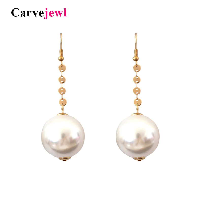 

Carvejewl Trendy Elegant Created Big Simulated Pearl Long Earrings discs String Statement Drop Earrings For Wedding Party Gift
