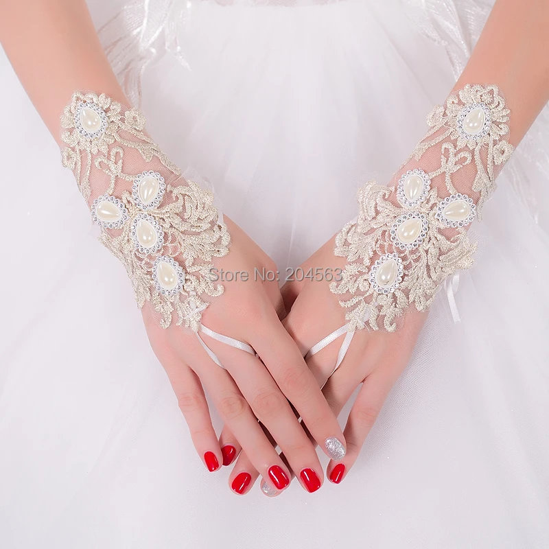 Потрясающие Свадебные Вечерние перчатки без пальцев цвета шампанского кружевные свадебные перчатки с бусинами