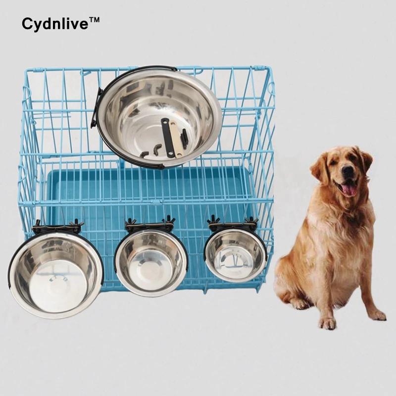 1PCS 2017 Pet Dog Cat Bowl Can Hang Stationary Dog Cage Bowl Stainless Steel Hanging Bowl Three
