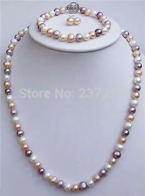 

Wholesale price FREE SHIPPING a^^7-8mm mixed-colour Freshwater pearl Necklaces Bracelets Earrings sets (A0423)