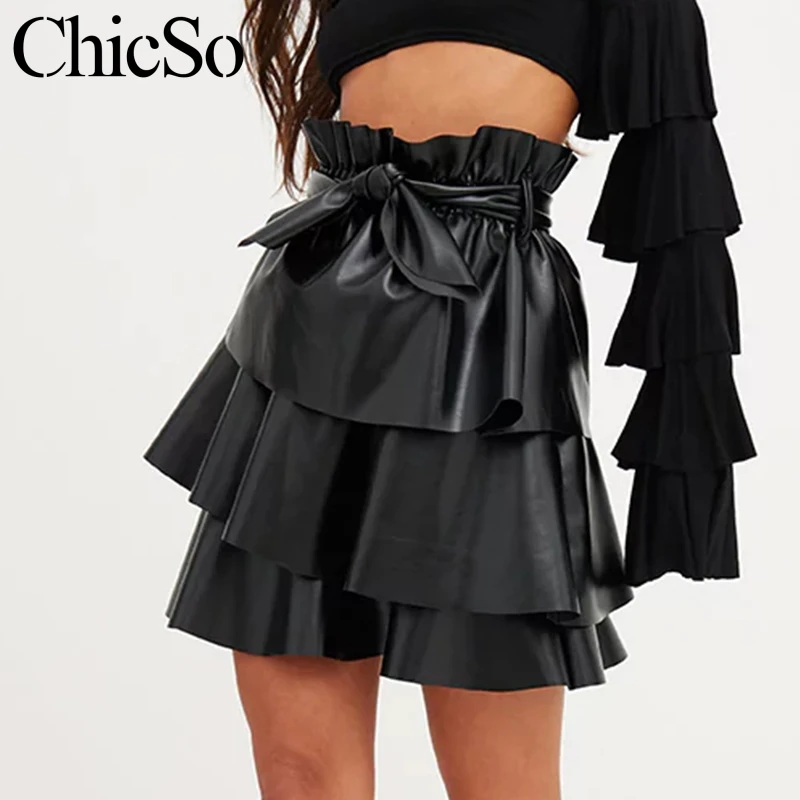 MissyChilli Ruffle high waist black skirt Women Elegant short Pu
