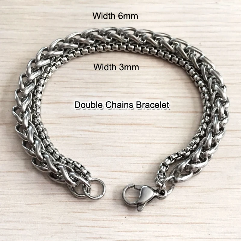 Unique Men's Bracelet Double Chain Bracelet Silver Stainless Steel Wheat Box Chain Link Bracelets Male Jewelry Dropshipping