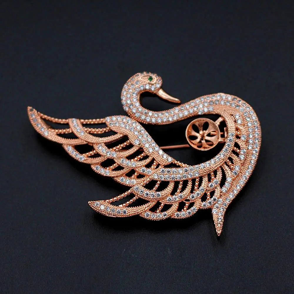 Rose gold color Элегантная брошь в форме лебедя микро украшенное кубическими камнями циркония Украшения к вечернему платью шпильки Женская Пряжка для шарфа нагрудные булавки поделки жемчуг шпильки изготовление - Окраска металла: Rose gold color
