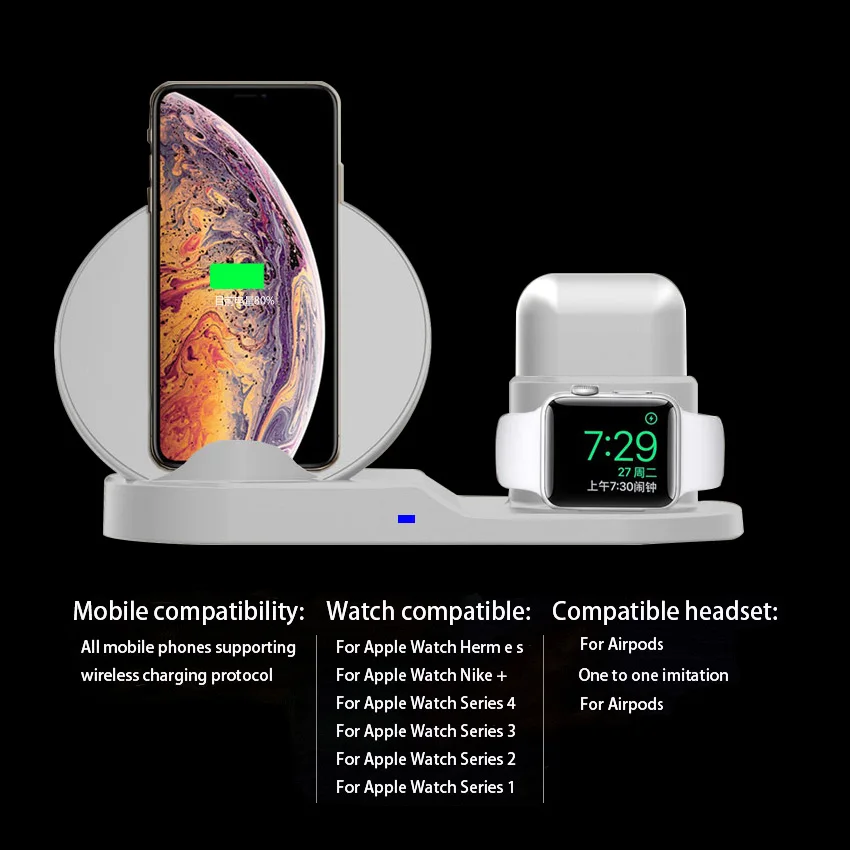 3 в 1 Быстрое беспроводное зарядное устройство Подставка зарядная док-станция Chargeur Индукционная для iPhone 11 Pro Apple Watch 3 4 Airpods Xiaomi mi9