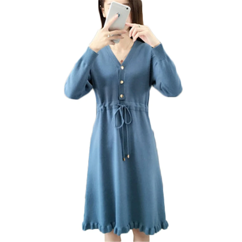 

Spring Autumn Dress Big Size Elasticity Slim Belt Sweater long Dresses Women's Dress High quality knit Dress FC14